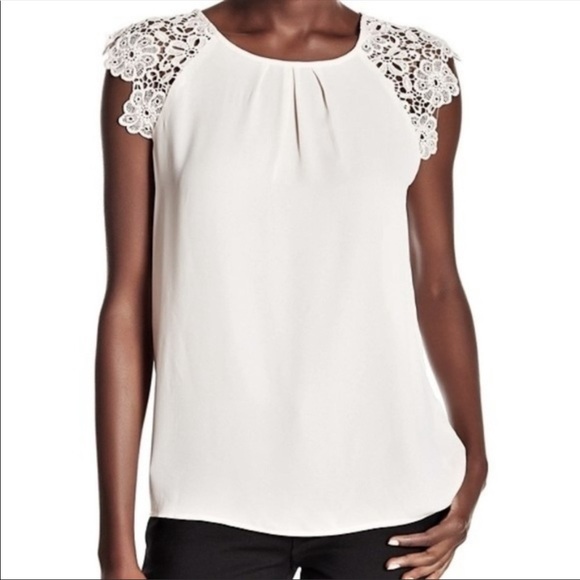 PHILOSOPHY Lace Cap Sleeve Top Silky Round Neck White - Picture 1 of 12